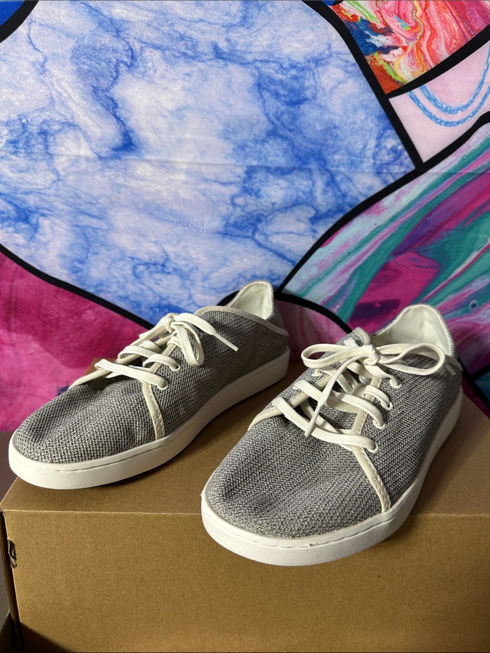New Women’s Olukai Pehuea Li Lace Up Sneakers Drop In Heel Size 9 Gray Tapa Sand